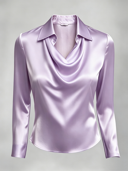 Long-sleeved satin collared top shirt