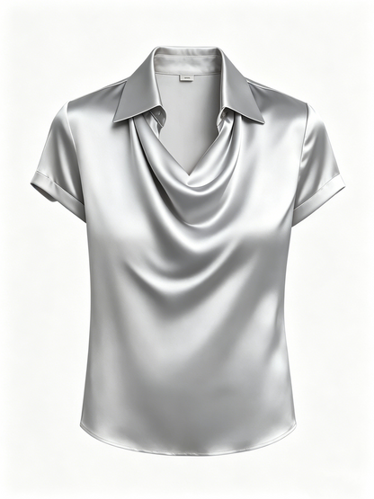Long-sleeved satin collared top shirt