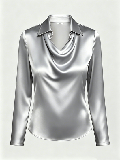 Long-sleeved satin collared top shirt