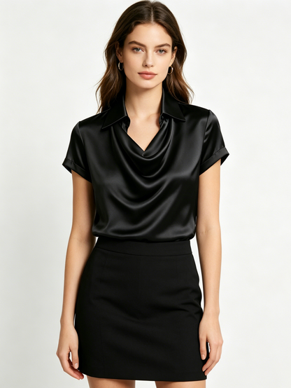 Long-sleeved satin collared top shirt