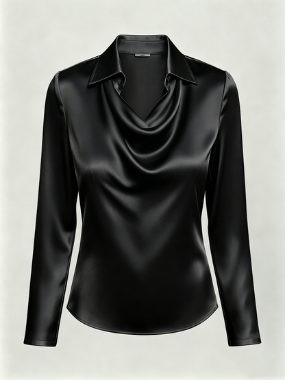 Long-sleeved satin collared top shirt
