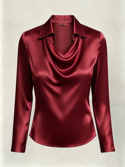 Long-sleeved satin collared top shirt