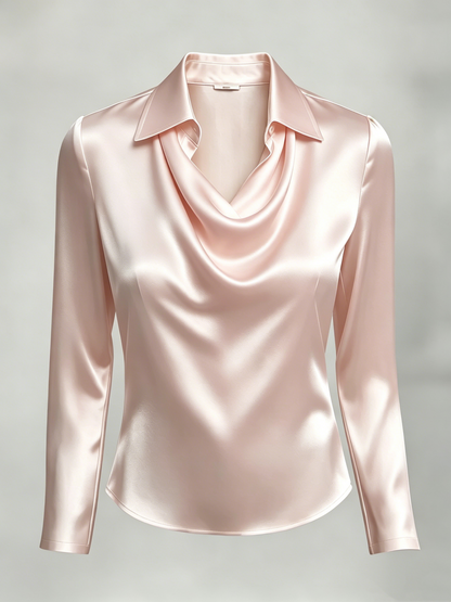 Long-sleeved satin collared top shirt