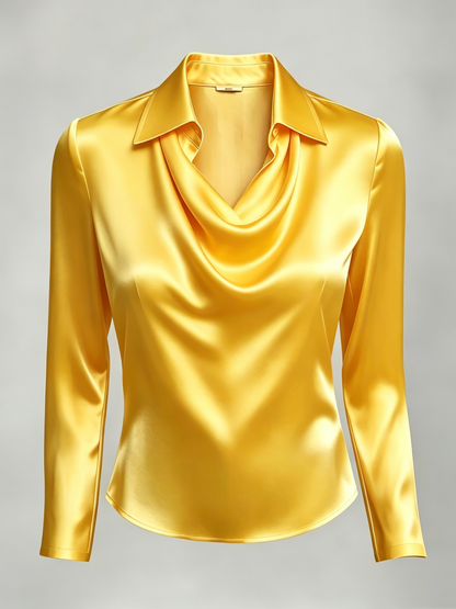 Long-sleeved satin collared top shirt